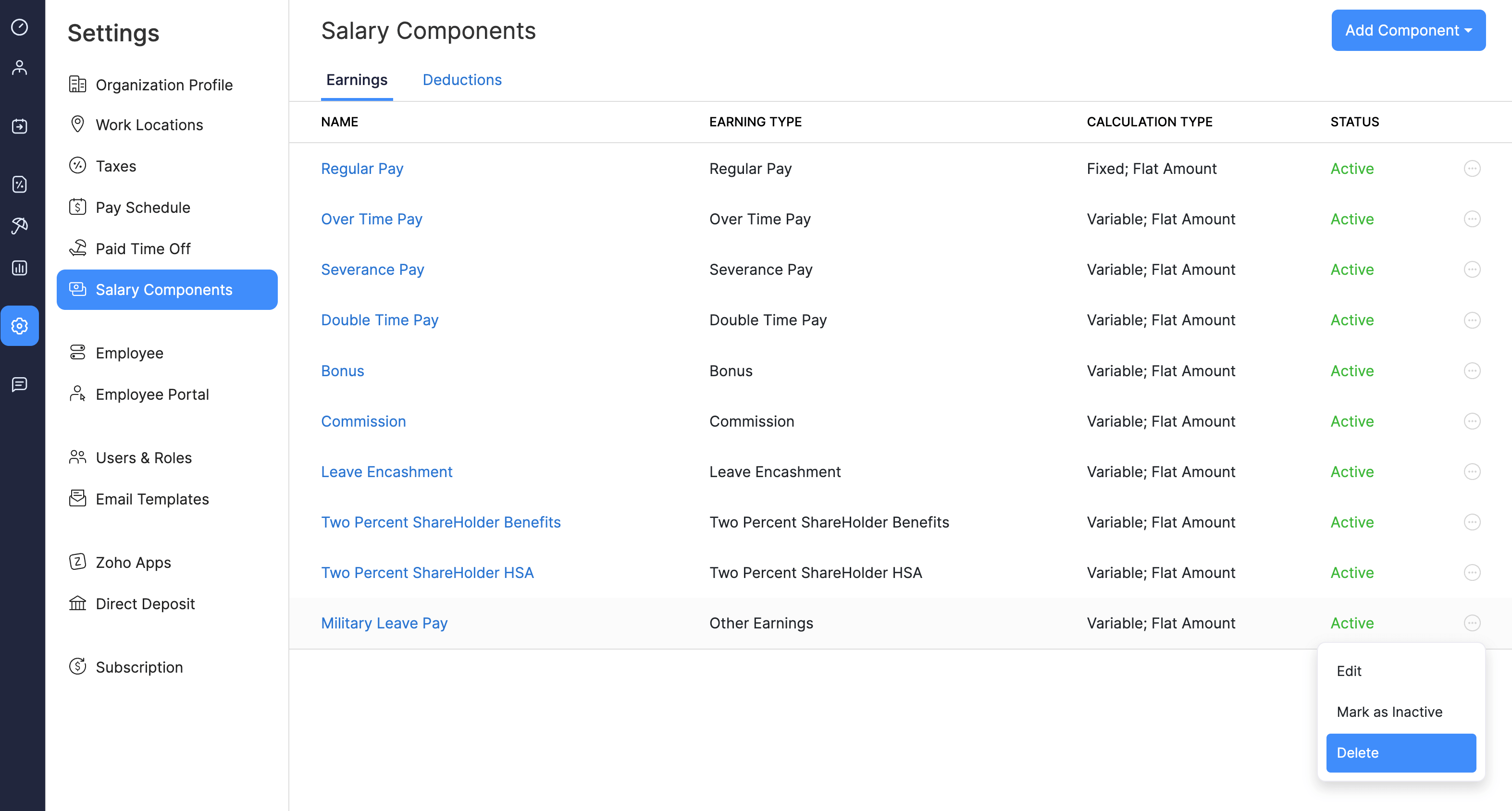 Delete an Earning from Zoho Payroll