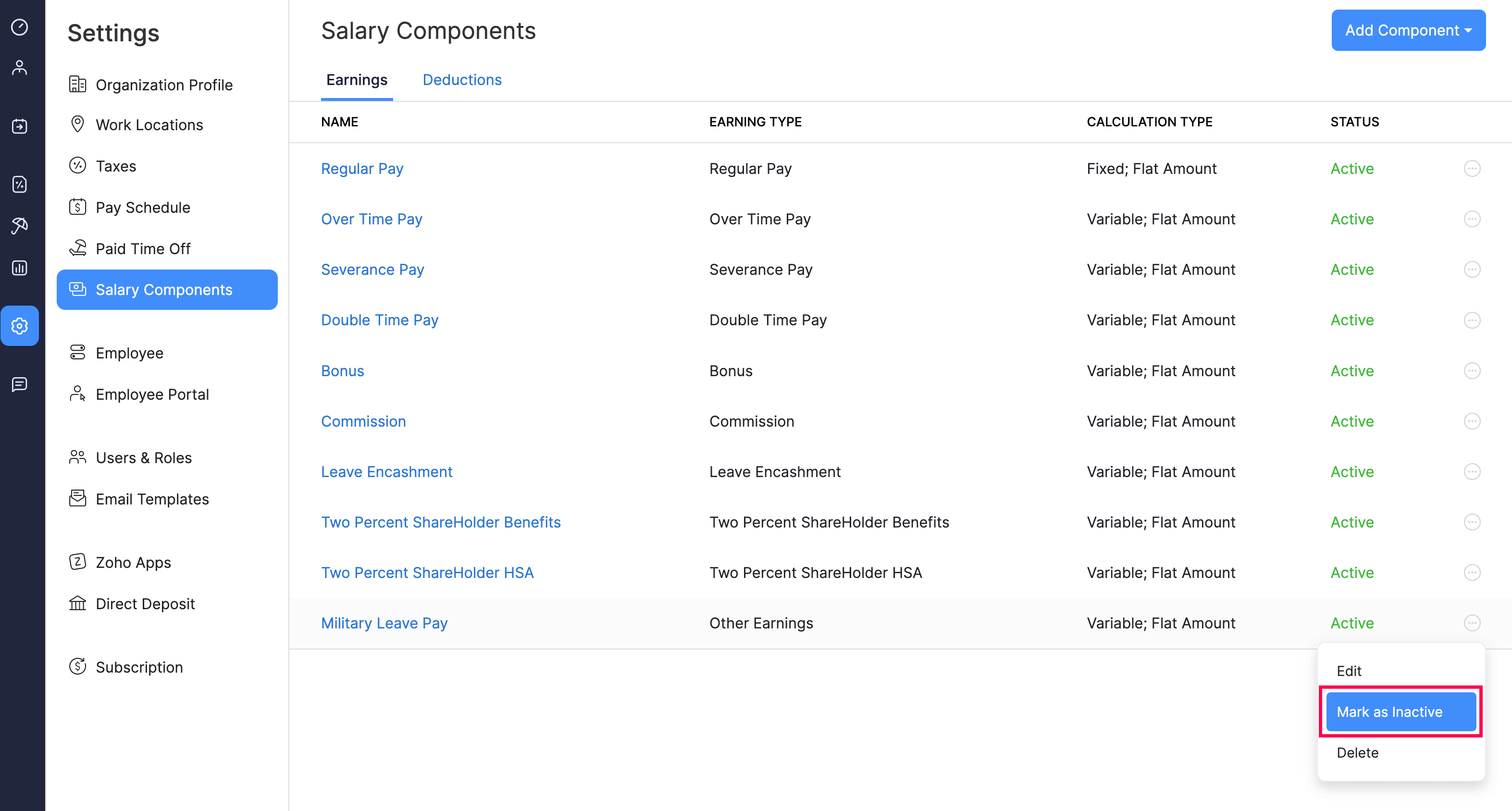 Mark an Earning as Inactive in Zoho Payroll