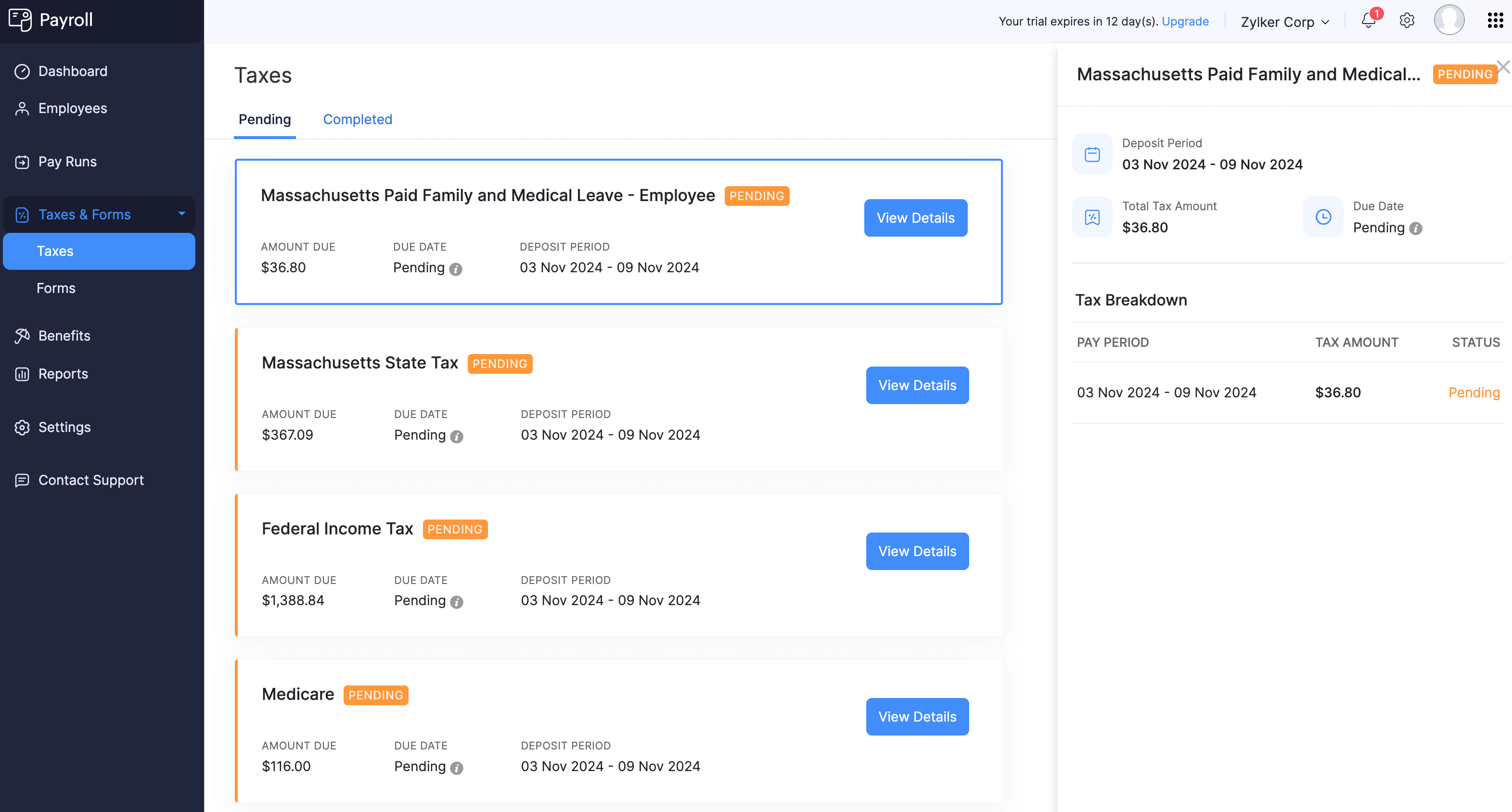 Tax Details in Zoho Payroll