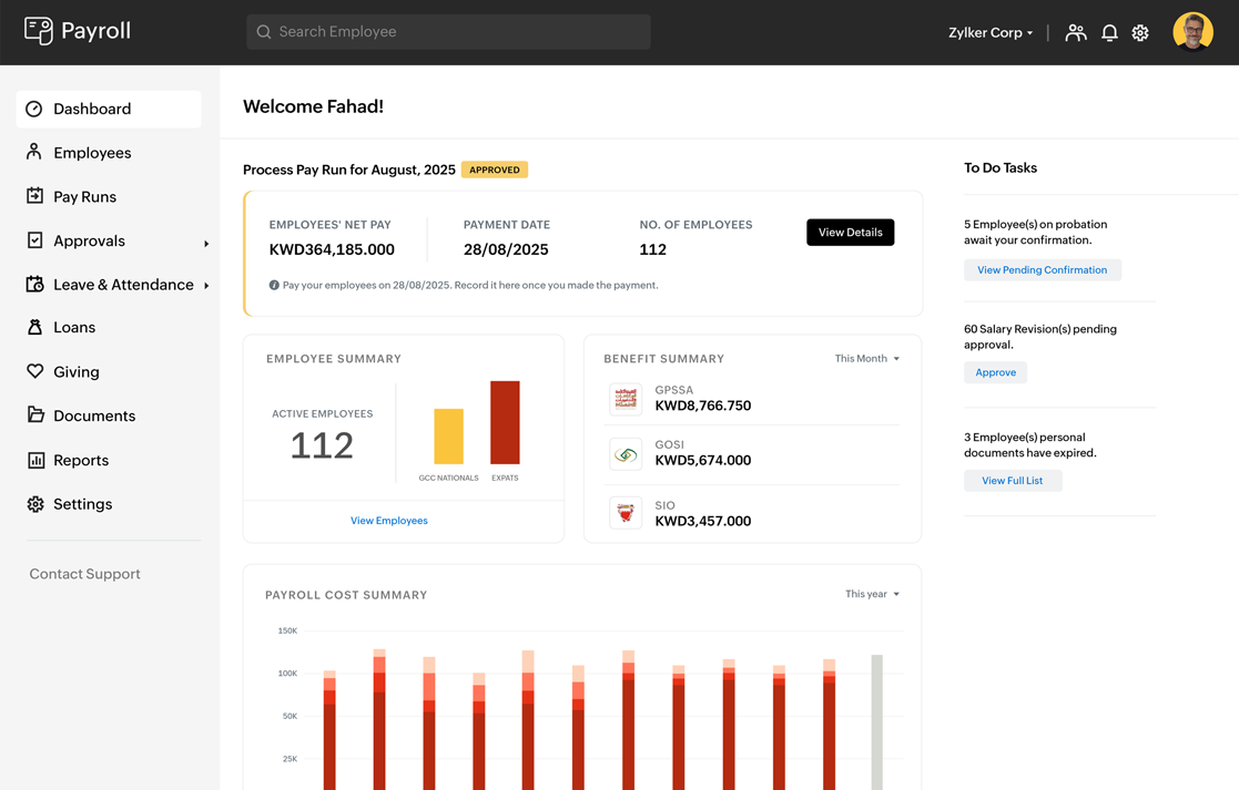 Dashboard view of Zoho Payroll Kuwait