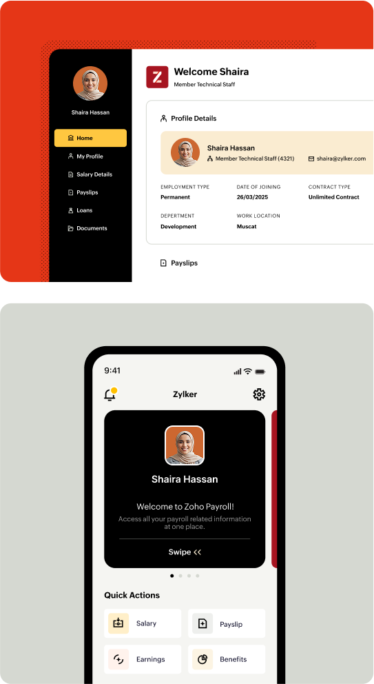 Employee portal mobile and web views of Zoho Payroll Oman
