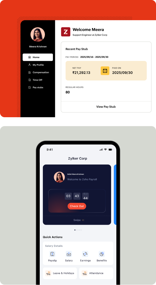 Employee portal mobile and web views of Zoho Payroll Oman