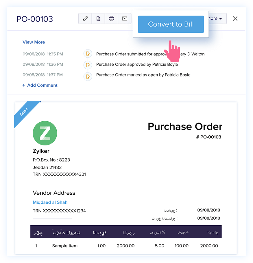 Convert Purchase Orders to Bills - Purchase Order Software | Zoho Books