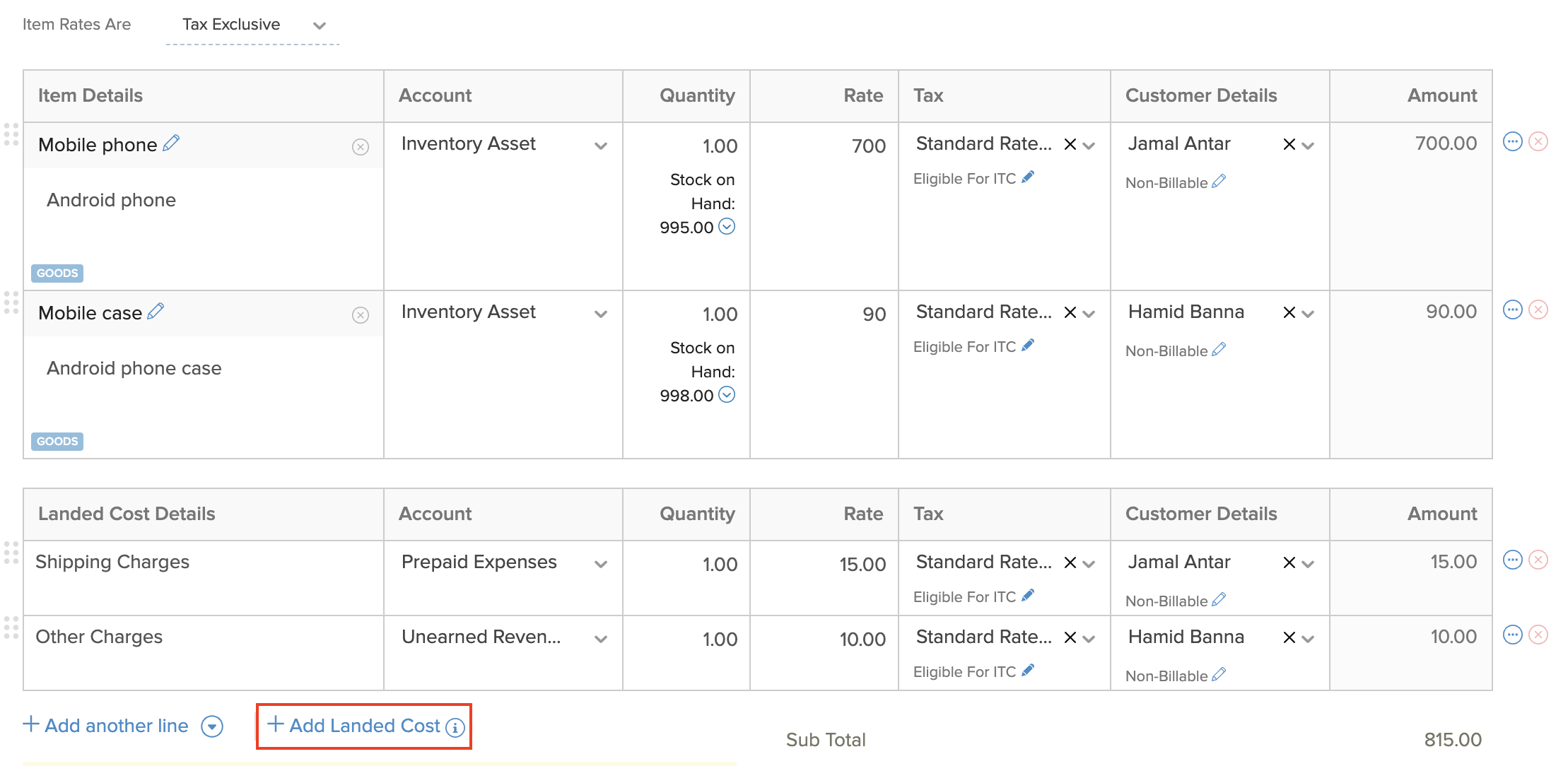 Landed Costs in Bills