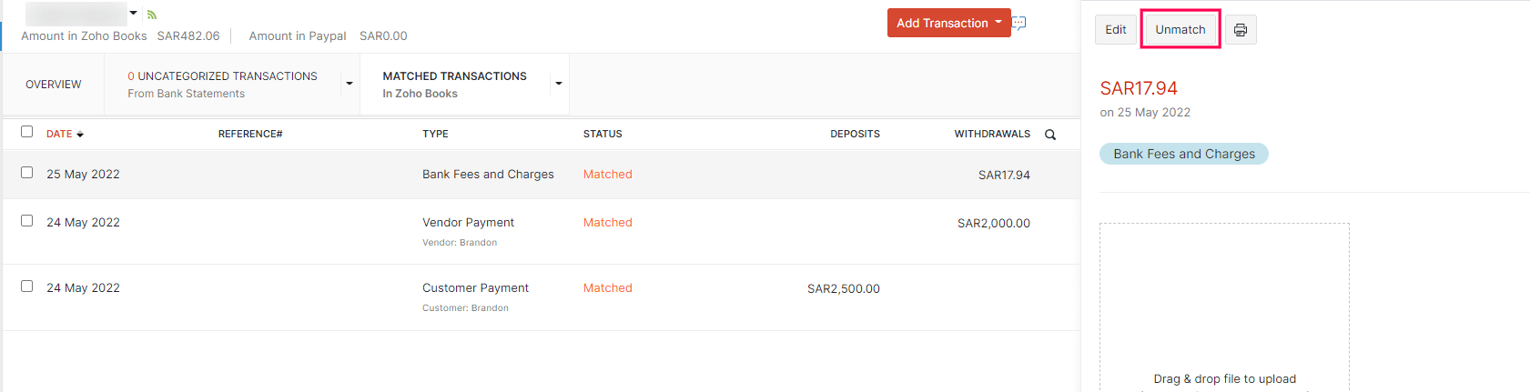 Unmatch Transactions
