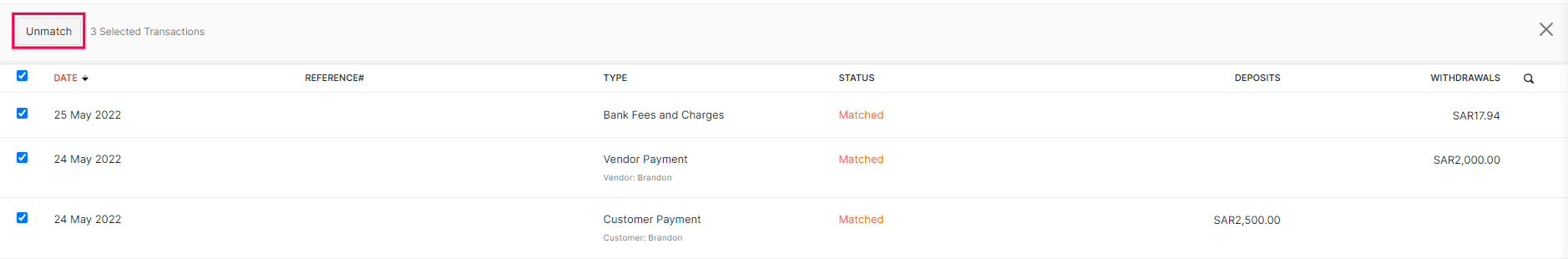 Unmatch Transactions