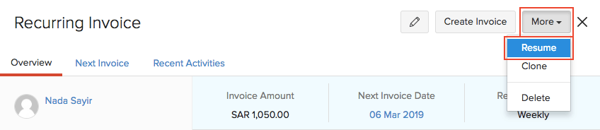 Resume Recurring Invoice
