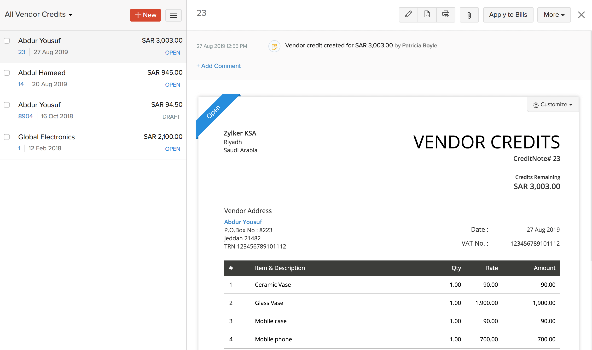 View Vendor Credits