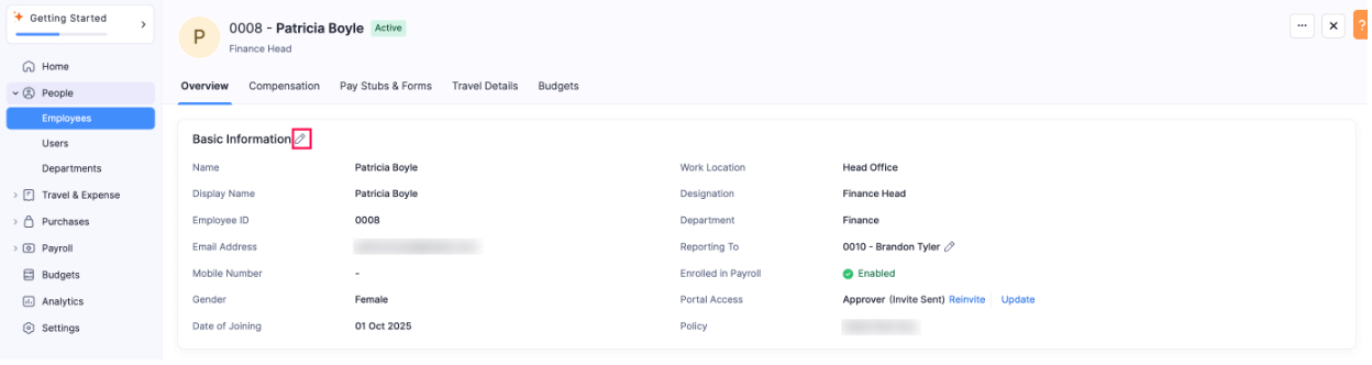 Edit Basic Information of Employee
