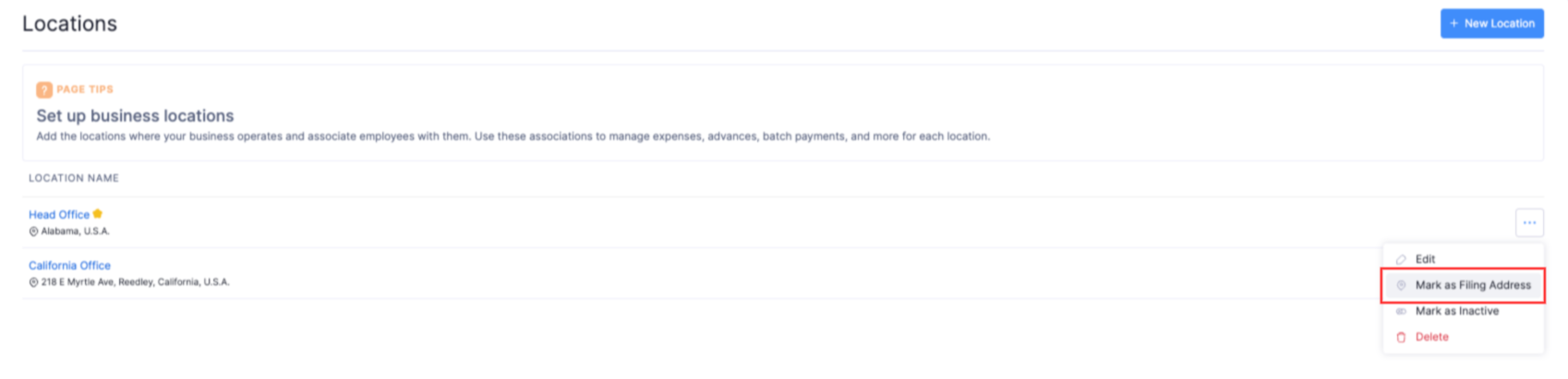 The Locations page. Hover over the required location, click the More icon, and select Mark as Filing Address to make it the filing address.