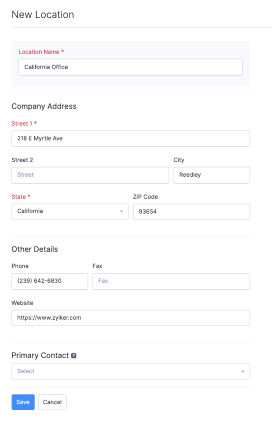 The New Location page. Provide the Location Name, Company Address, Othder Details, and Primary Contact to add a new location.