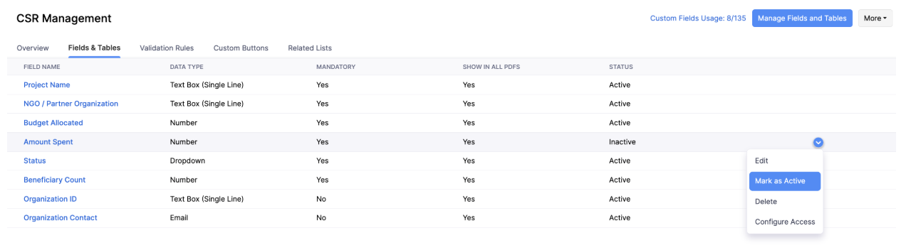 Mark Field as Active