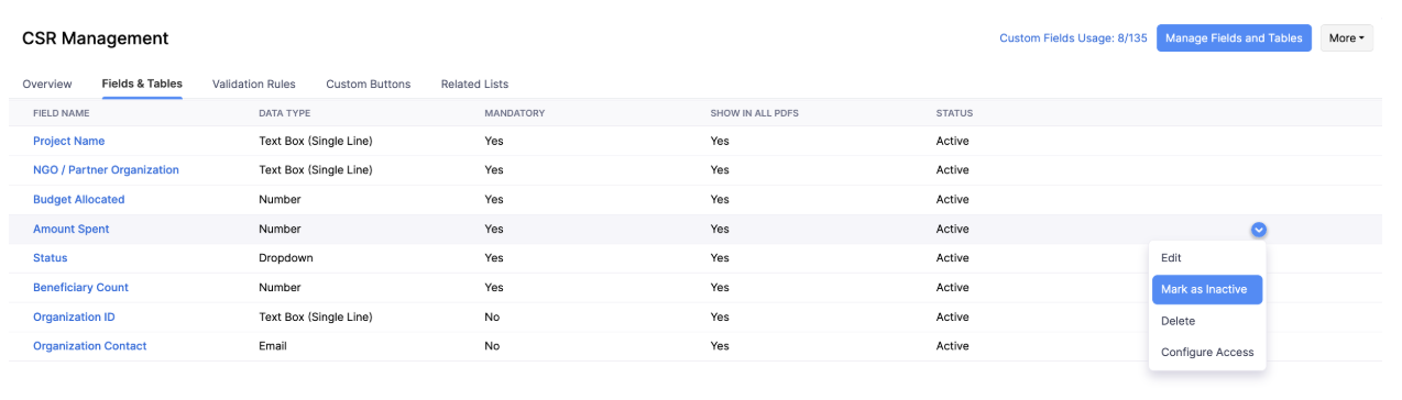 Mark Field as Inactive