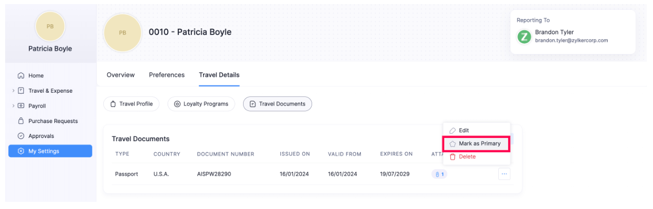 Mark Travel Document as Primary