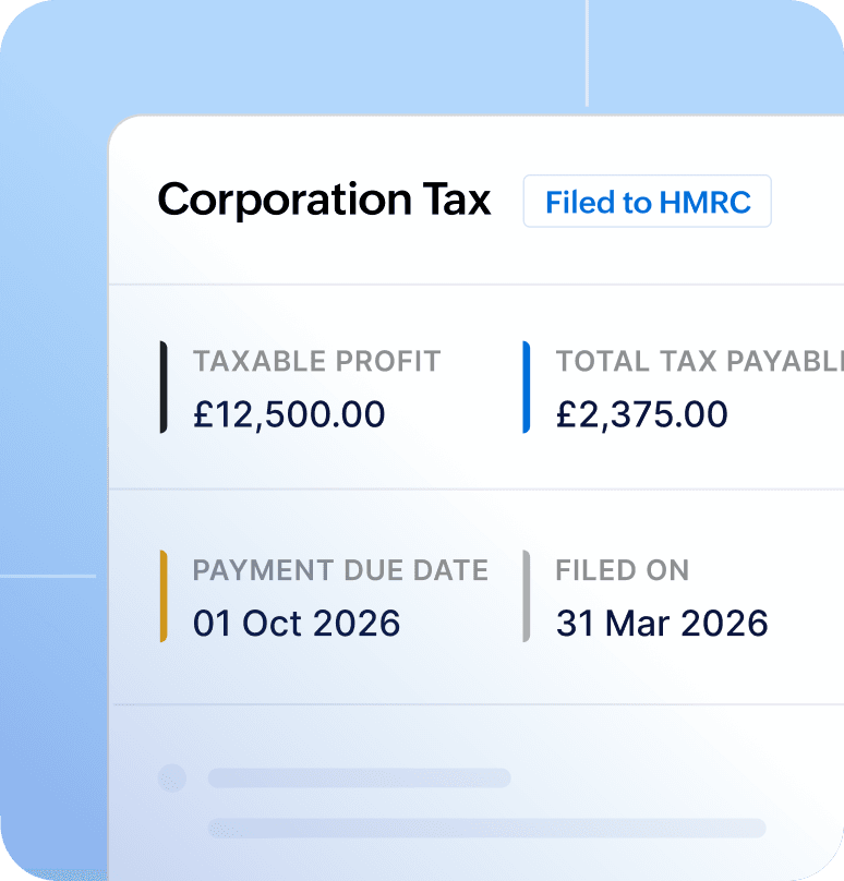 Corporation Tax summary showing taxable profit and total tax payable in Zoho Books