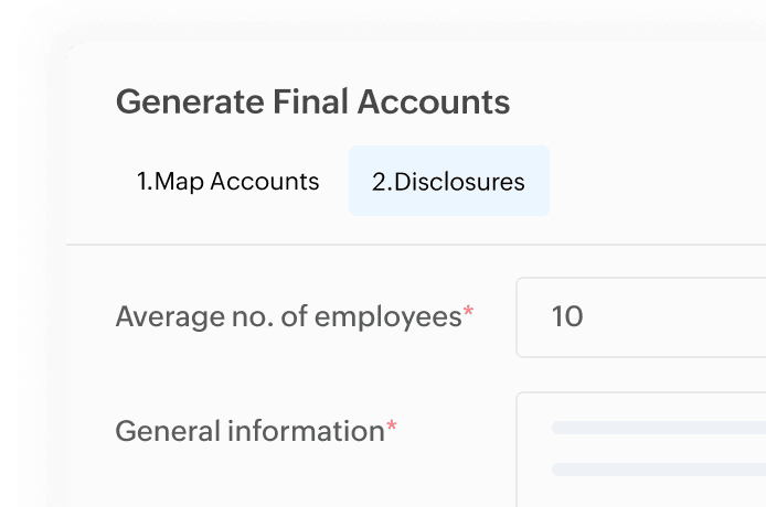 Disclosures tab with average number of employees and general information fields in Zoho Books