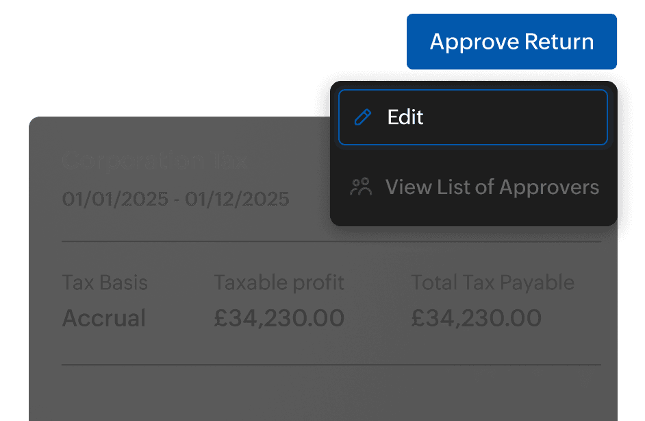 Edit and approver options on a Corporation Tax return in Zoho Books