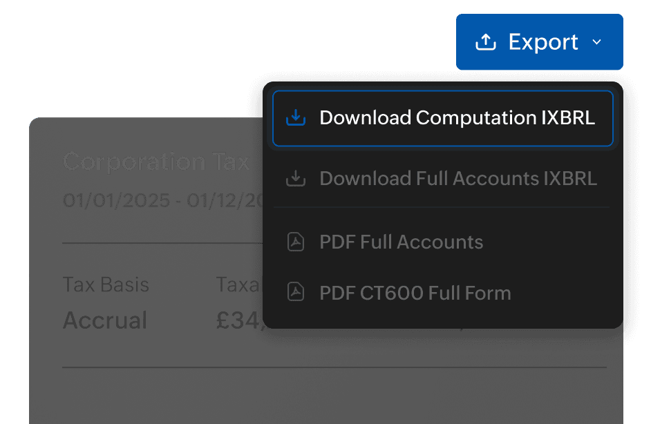 Export menu with iXBRL and PDF download options for a Corporation Tax return in Zoho Books