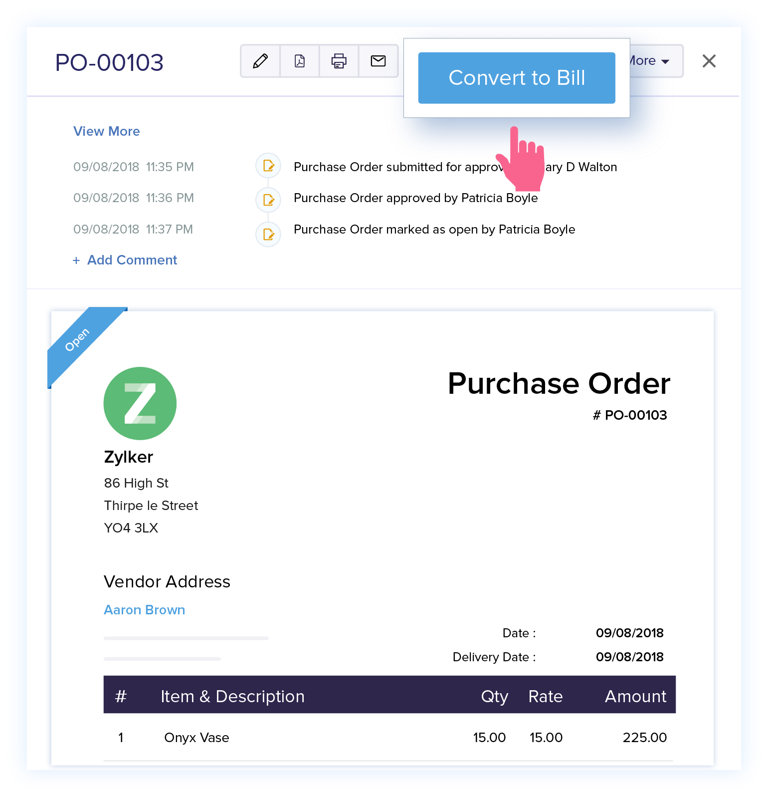 Convert Purchase Orders to Bills - Purchase Order Software | Zoho Books