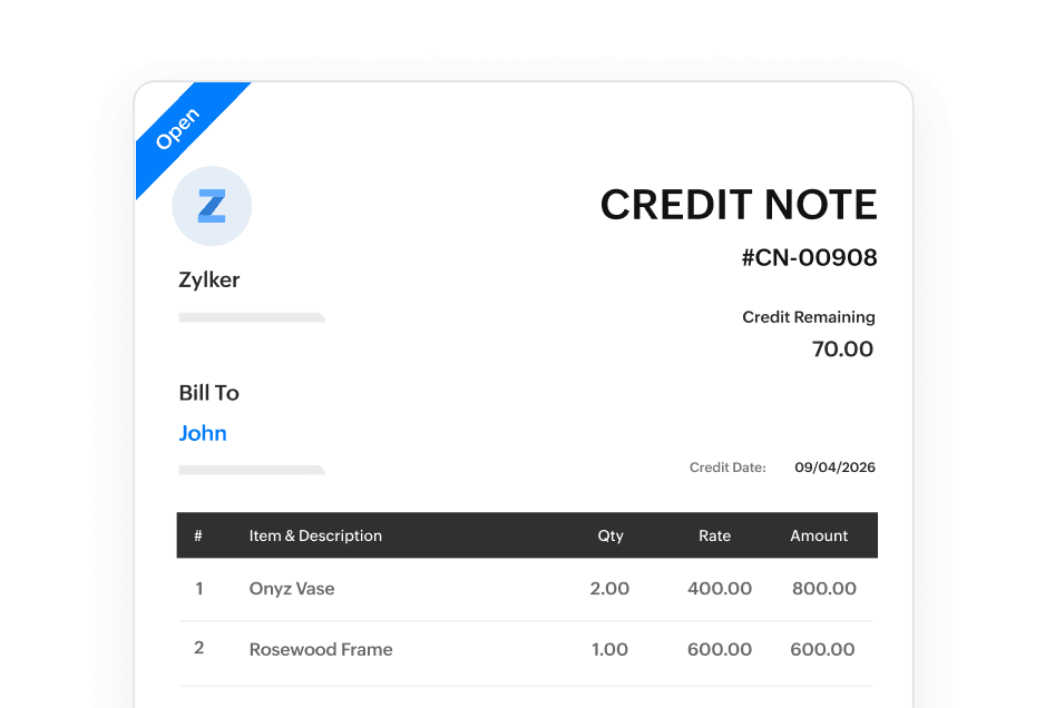 Credit note in Zoho Books for tenant concessions and adjustments