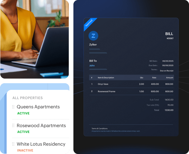 Zoho Books property management dashboard showing UK rental properties and transactions
