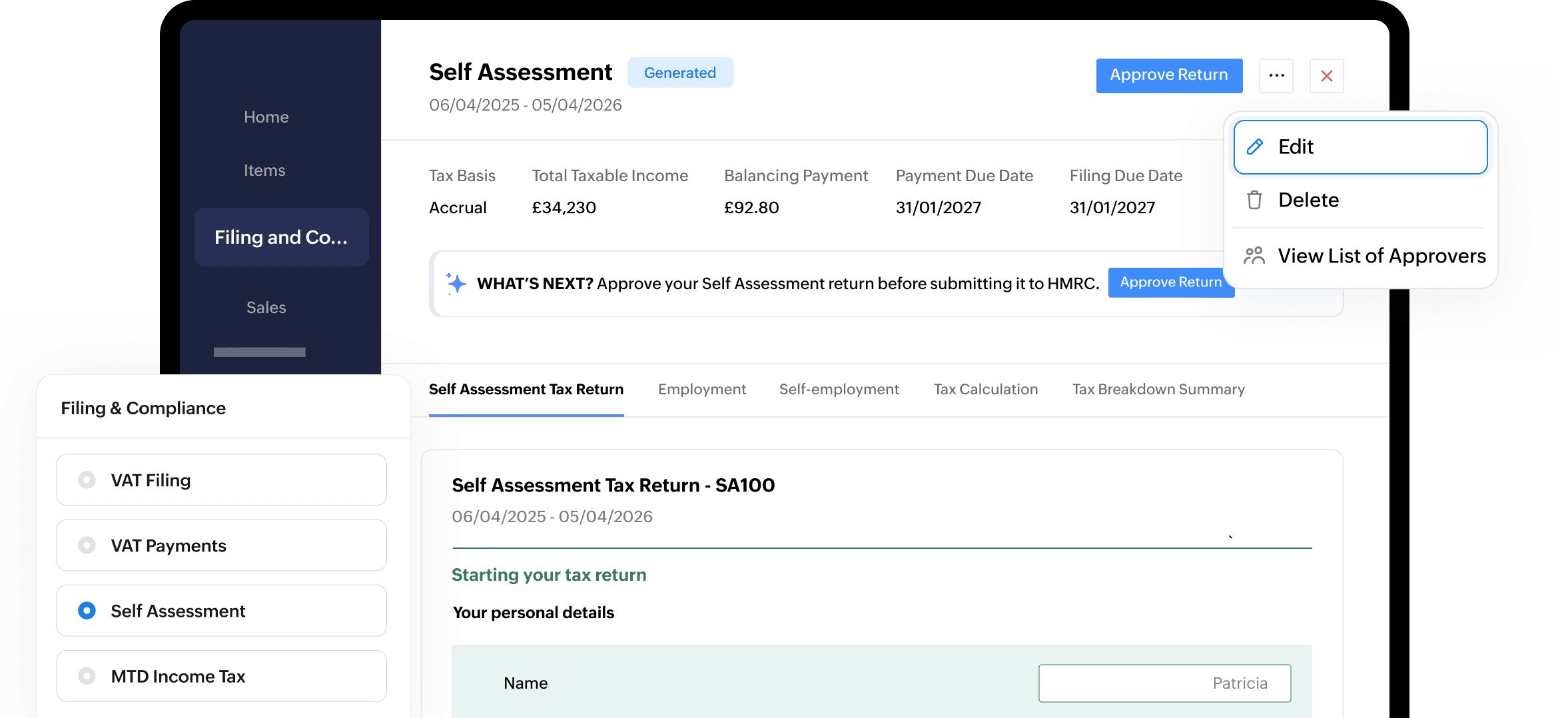 Effortless Self Assessment filing with Zoho Books