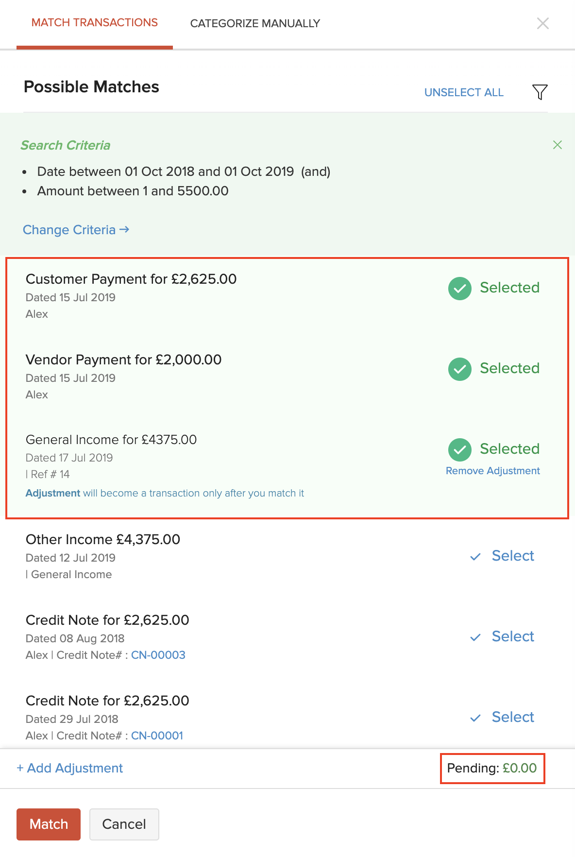 Matched Transactions