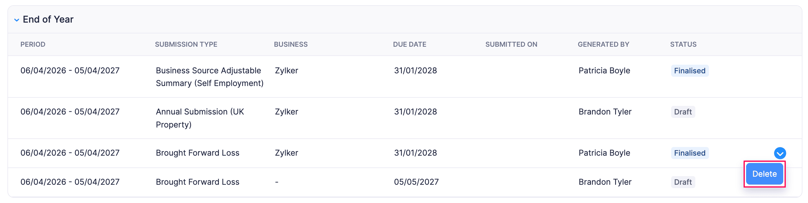 Delete Brought Forward Loss from List