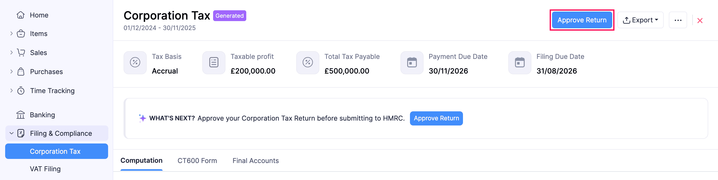 Approve Corporation Tax