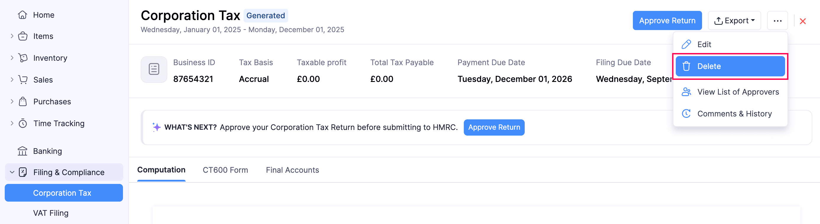 Delete Corporation Tax