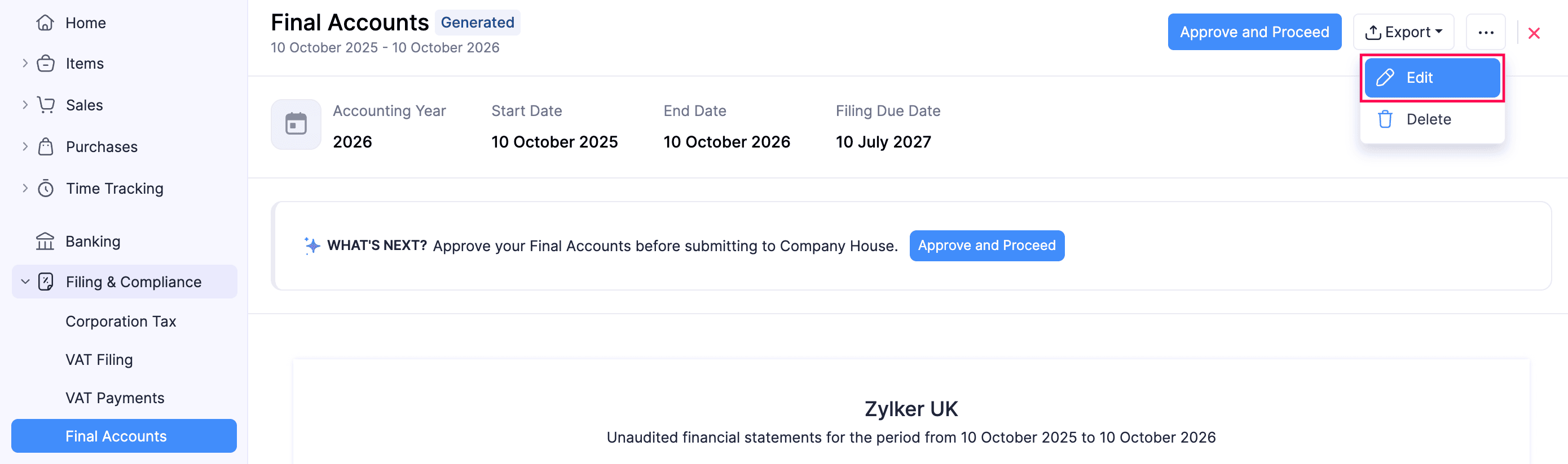 Edit Final Accounts Report