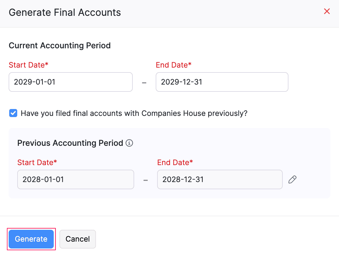 Generate Final Accounts pop-up