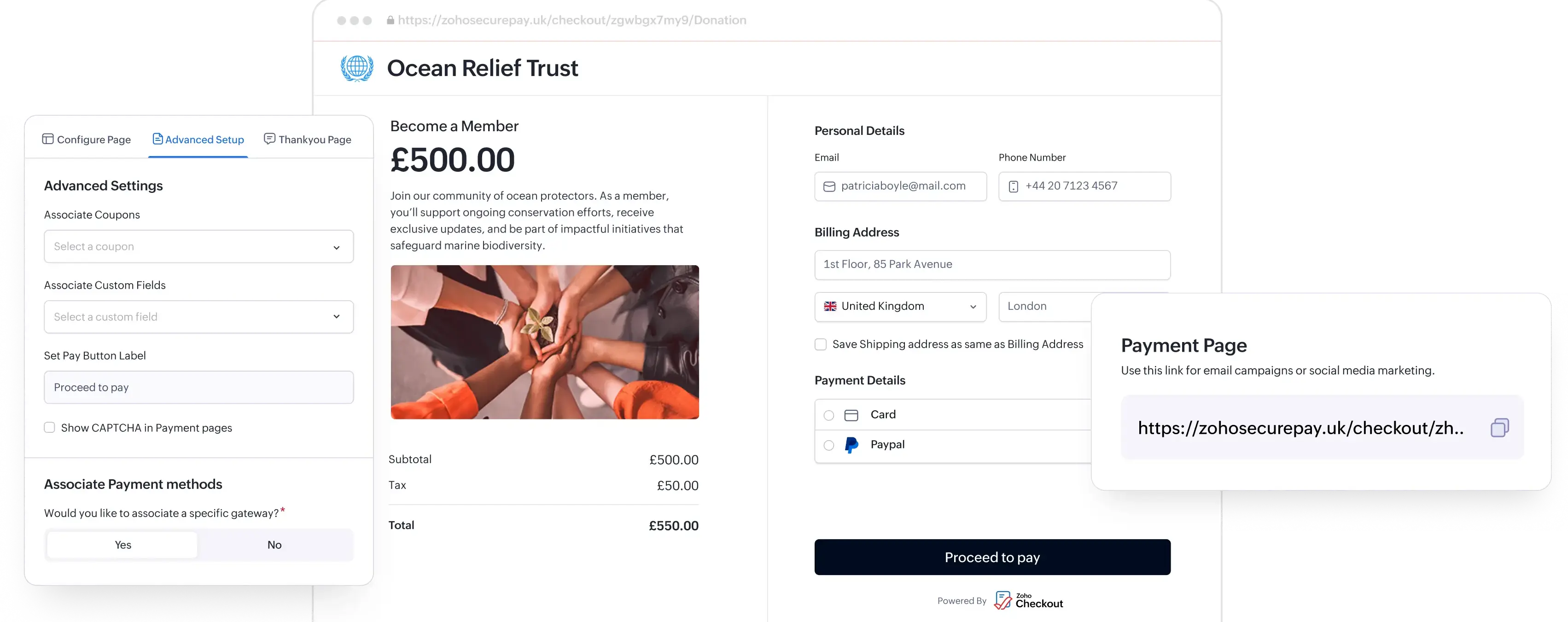 Checkout page creation flow showing payment link editor, card payment form, and payment request