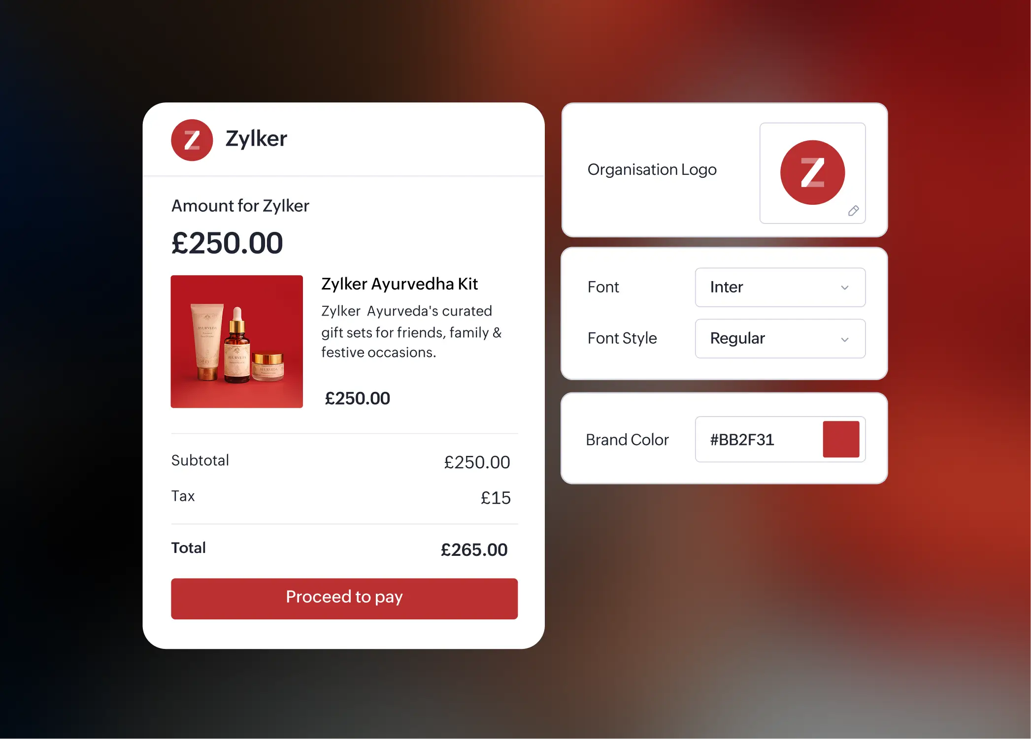 Zyker Foundation branded checkout page with customization options for fonts and colors