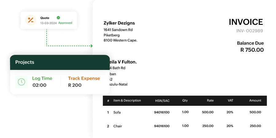 Zoho Billing interface displaying a detailed invoice with QR code for payment, itemized listing of sofa and chair with tax breakdown, and a project summary showing 2 hours of logged time and tracked expense.