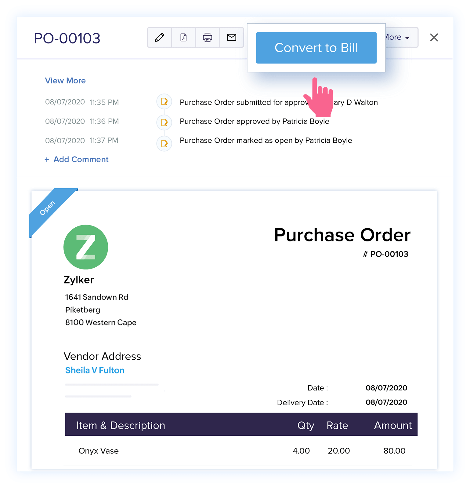 Convert Purchase Orders to Bills - Purchase Order Software | Zoho Books